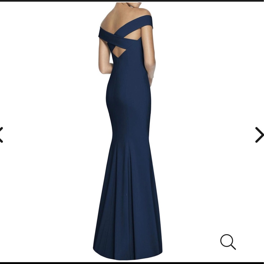 Dessy Collection Off-the-Shoulder Criss Cross Back Trumpet Gown- Midnight, sz 12 - Picture 2 of 3